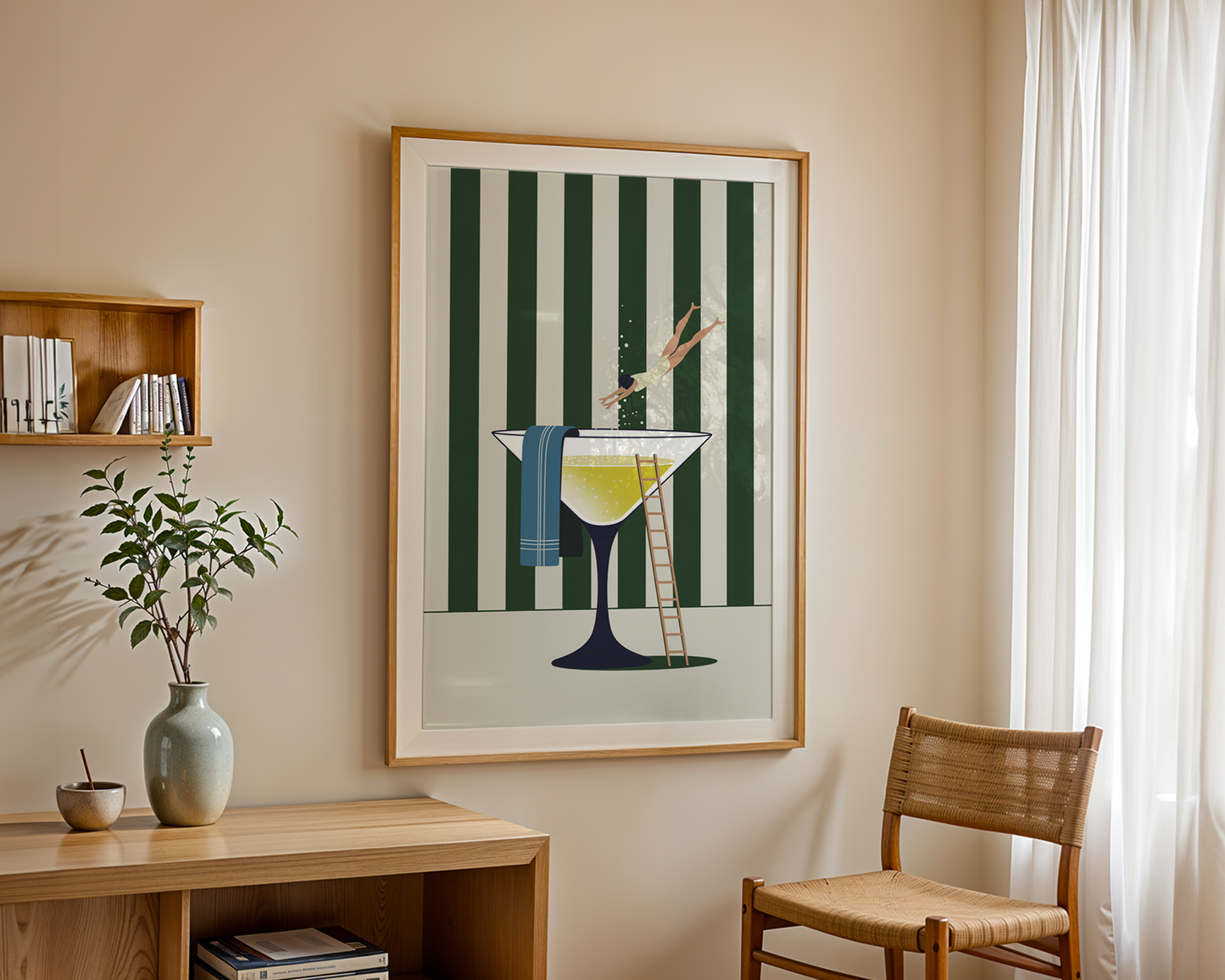 Champagne Dive Poster – Whimsical Pool Art Print for Modern Spaces