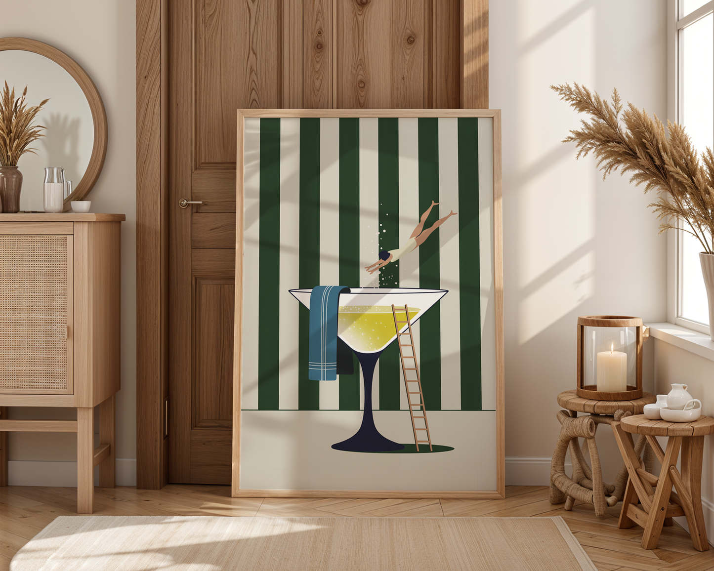 Champagne Dive Poster – Whimsical Pool Art Print for Modern Spaces