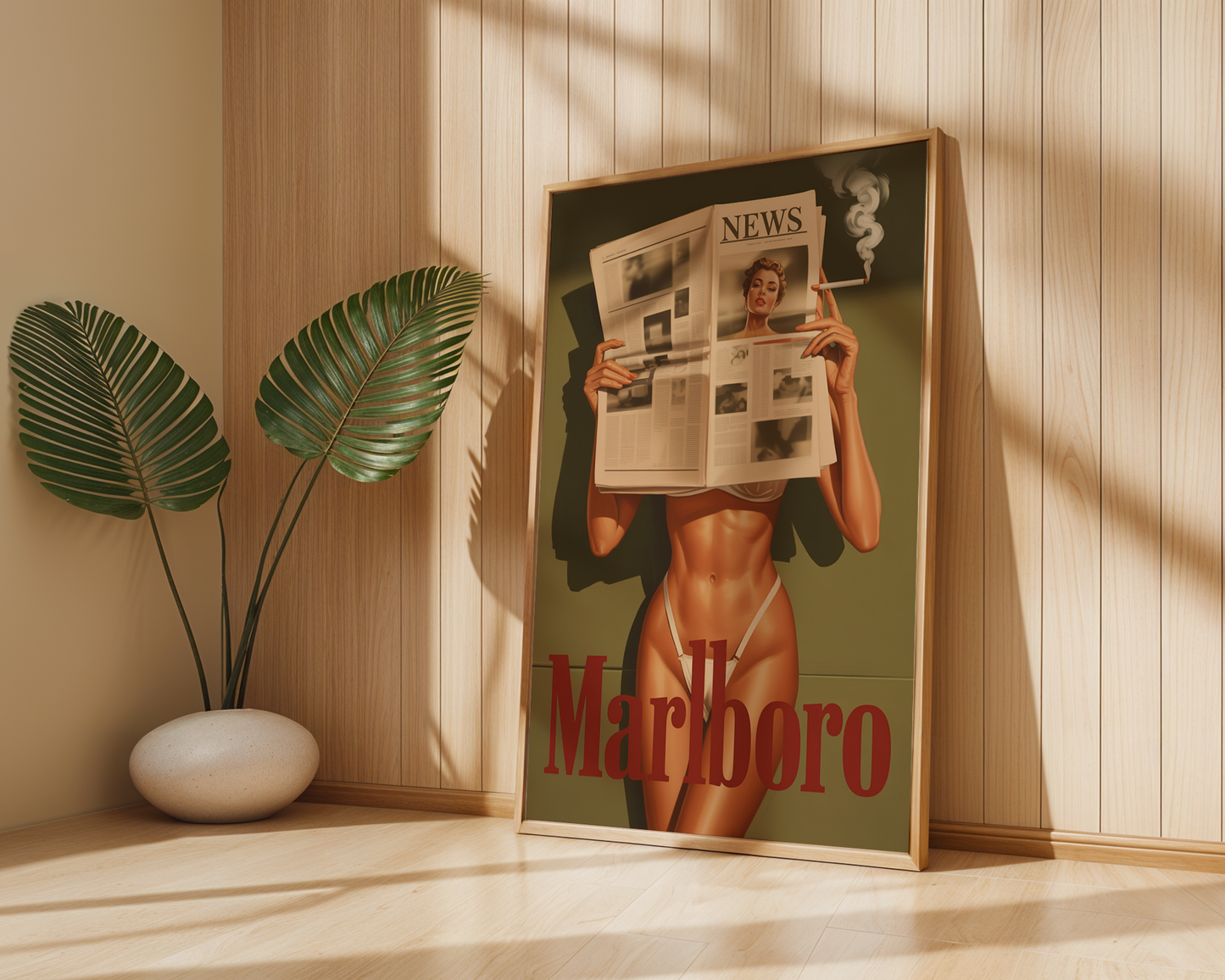 Marlboro Girl Poster — Vintage Newspaper Art with Sunlight Mood