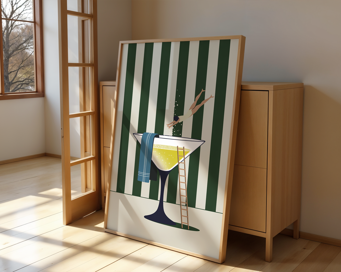 Champagne Dive Poster – Whimsical Pool Art Print for Modern Spaces