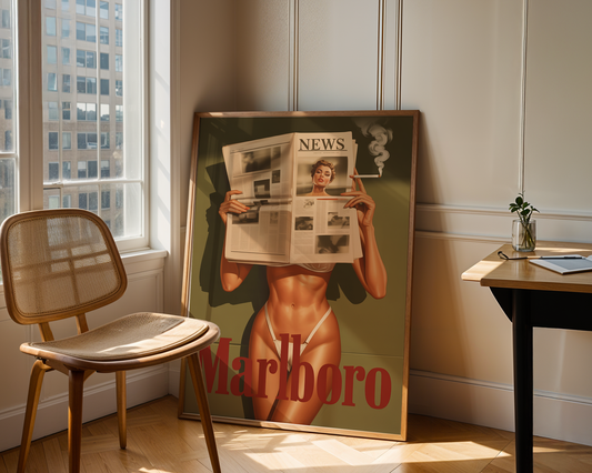 Marlboro Girl Poster — Vintage Newspaper Art with Sunlight Mood