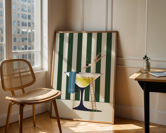 Champagne Dive Poster – Whimsical Pool Art Print for Modern Spaces