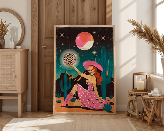 Cowgirl Disco Poster – Retro Western Glam Art Print