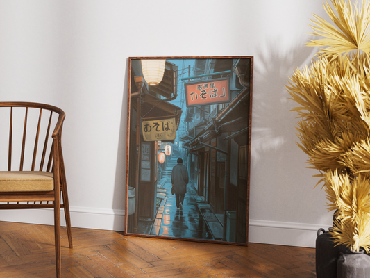 Japanese Rainy Street Poster – Moody Night Walk Urban Art Print