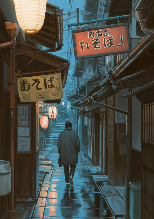 Japanese Rainy Street Poster – Moody Night Walk Urban Art Print