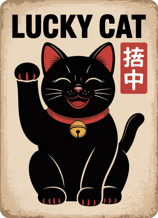 Lucky Cat Poster – Black Maneki Neko Vintage Style Wall Art