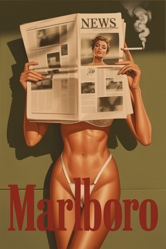 Marlboro Girl Poster — Vintage Newspaper Art with Sunlight Mood